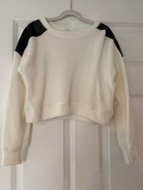 Cropped Cream Waffle-Knit Sweater with Black Faux Leather Shoulder Panels